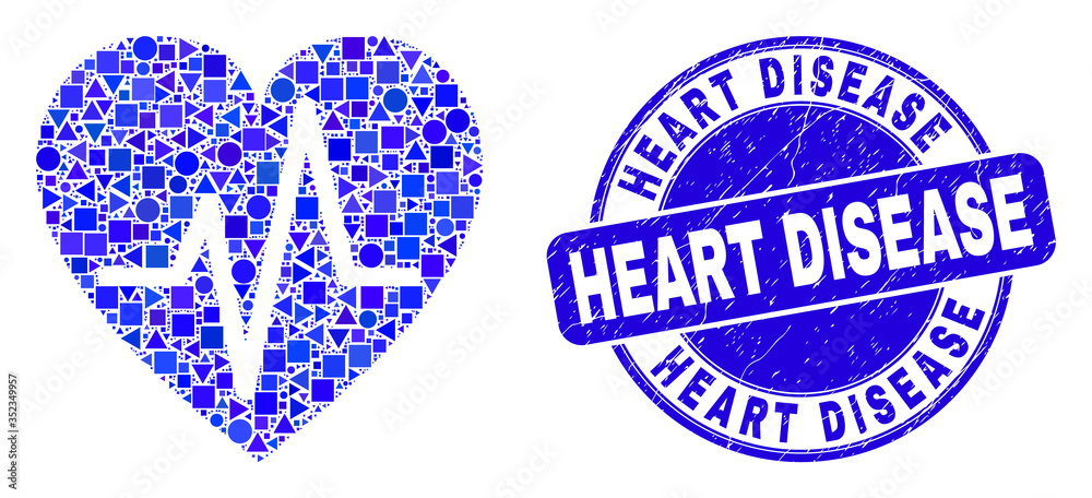 Geometric heart pulse mosaic pictogram and Heart Disease seal stamp. Blue vector round grunge seal stamp with Heart Disease title. Abstract mosaic of heart pulse composed of sphere, triangles,