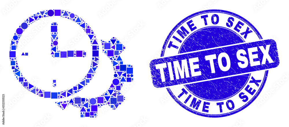 Geometric time settings gear mosaic pictogram and Time to Sex seal stamp. Blue vector round scratched seal stamp with Time to Sex title. Abstract composition of time settings gear organized of round,