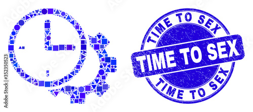Geometric time settings gear mosaic pictogram and Time to Sex seal stamp. Blue vector round scratched seal stamp with Time to Sex title. Abstract composition of time settings gear organized of round,