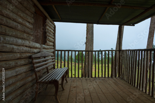 Log cabin in mountains of Sierra de las Minas  Guatemala  rustic architecture with relaxing view.