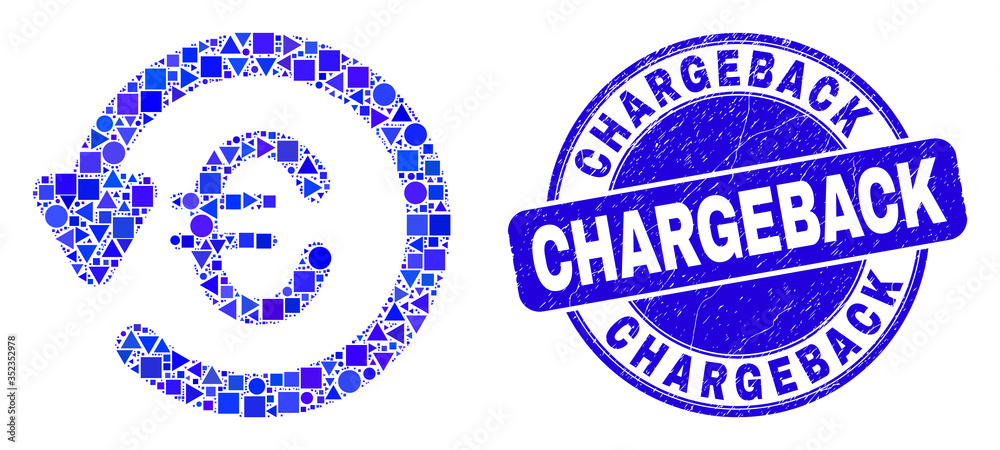Obraz premium Geometric euro chargeback mosaic pictogram and Chargeback stamp. Blue vector rounded distress seal stamp with Chargeback phrase. Abstract mosaic of euro chargeback made of spheric, triangles,