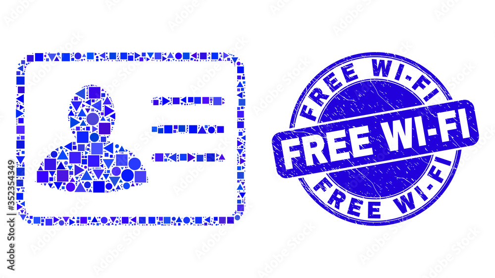 Geometric user card mosaic icon and Free Wi-Fi seal stamp. Blue vector round grunge seal stamp with Free Wi-Fi title. Abstract composition of user card made of sphere, triangles,