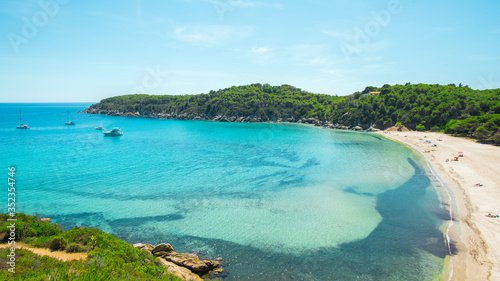 The Beach of Fetovaia on Elba island in Italy. Tuscan Archipelago national park. Mediterranean sea coast. Vacation and tourism concept.