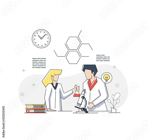 Cartoon of young scientists doing research in a laboratory on blue background.