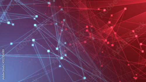 Abstract red blue polygon tech network with connect technology background. Abstract dots and lines texture background. 3d rendering.