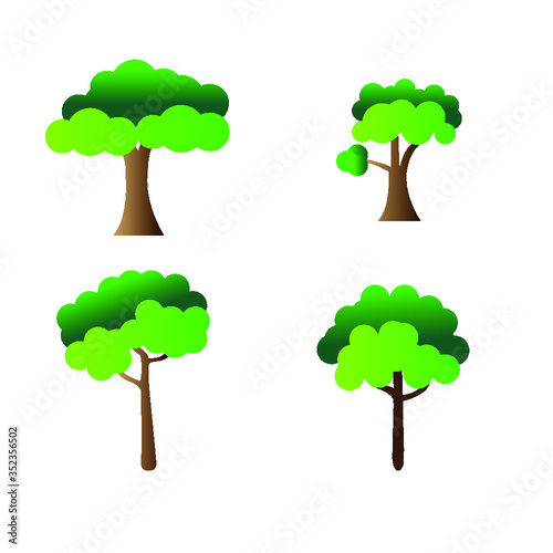 Set of 4 green trees with a white background . Collection of trees illustration.