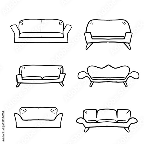 hand drawn Comfortable sofas. Luxury couch for apartment, comfort sofa models and modern house sofas. Domestic couch furniture, cozy luxury fashion sofas.doodle cartoon line