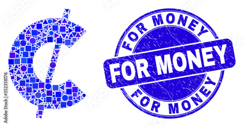Geometric cent symbol mosaic icon and For Money seal stamp. Blue vector round grunge seal stamp with For Money caption. Abstract composition of cent symbol constructed of sphere, tringle,