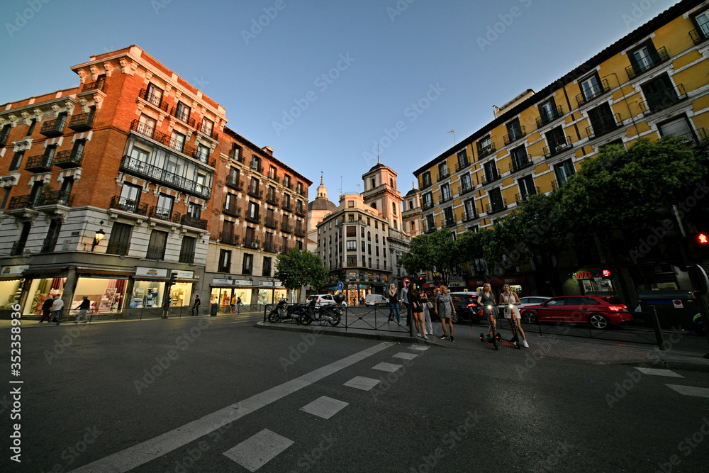 Wide intersection of evening Madrid