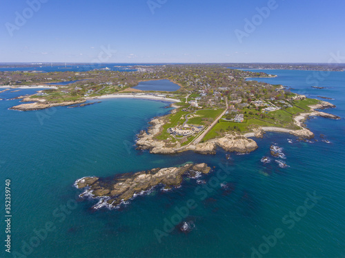 Historic mansions and Cliff Walk in Bellevue Avenue Historic District aerial view at Newport, Rhode Island RI, USA.