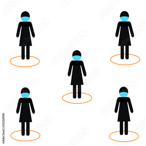 A sign of social distance. Means of protection against the coronavirus epidemic. Covid-19. Women in antiviral medical masks.