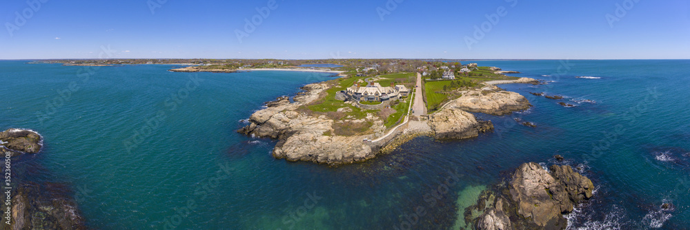 Aerial view of Bailey Beach and historic building the Waves on Ledge Road panorama at the end of Cliff Walk in city of Newport, Rhode Island RI, USA.