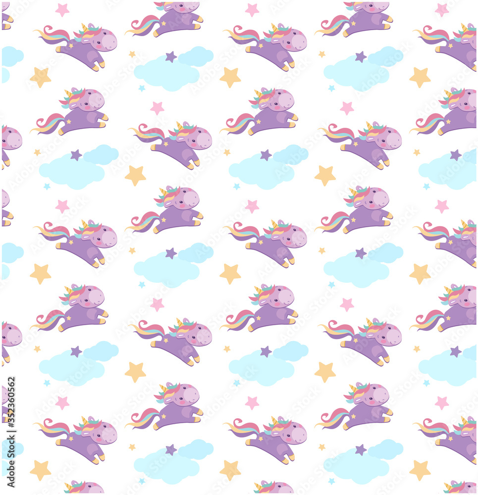 Cute vector seamless pattern for kids. Gentle unicorn with multi-colored mane and ponytail. Around the horse are clouds and stars, purple, pink, blue.Funny factory print, wallpaper for babyes,newborns Cute vector seamless pattern for kids. Gentle unicorn with multi-colored mane and ponytail. Around the horse are clouds and stars, purple, pink, blue.Funny factory print, wallpaper for babyes,newborns