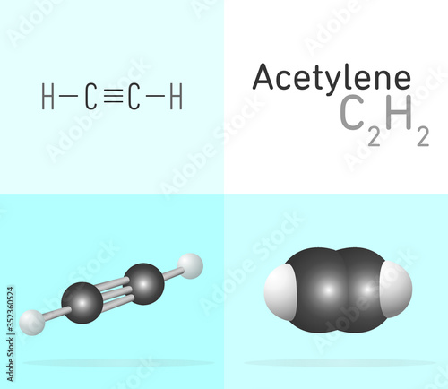 Acetylene (C2H2) gas molecule. Two 
different molecule model and chemical formula. Ball, stick and Space filling model. Structural Chemical Formula and Molecule Model. Chemistry Education