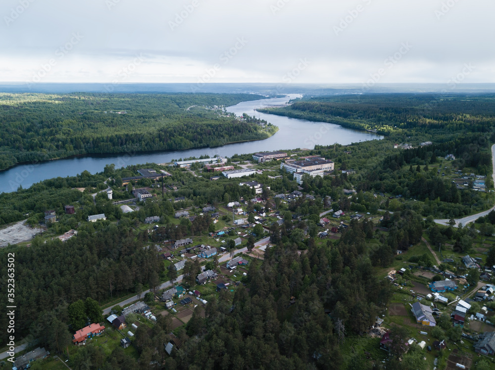 Bird's eye view of Svir river and forests of Leningrad region, Russia.