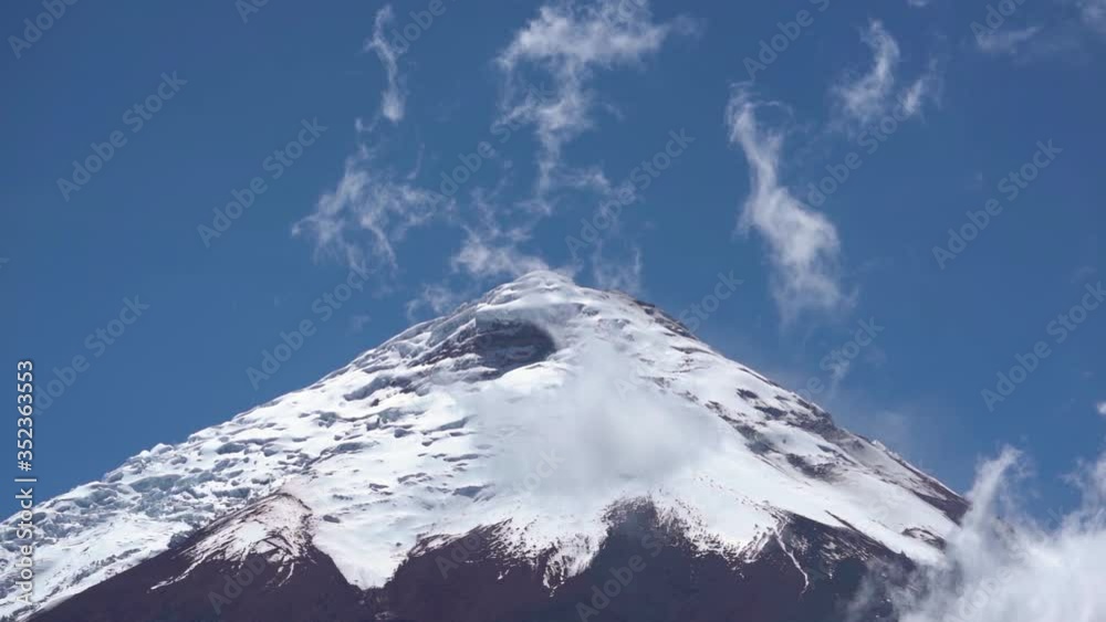 Clouds rise from white peak of Cotopaxi Volcano in Ecuador, tourist destination Clouds rise from white peak of Cotopaxi Volcano in Ecuador, tourist destination
