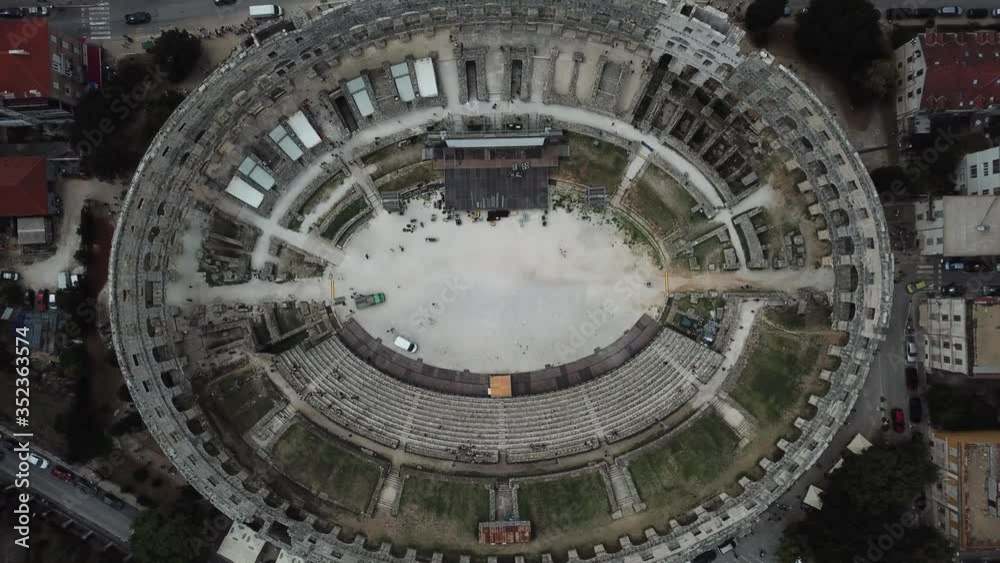 Pula Arena, Croatia. Top Down Aerial View of Arched Walls of Old Roman Amphitheatre Pula Arena, Croatia. Top Down Aerial View of Arched Walls of Old Roman Amphitheatre