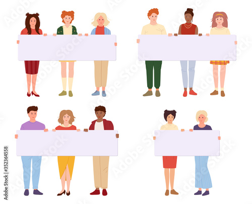 Young people holding blank banner set . Flat cartoon set. Group of man and woman student taking part in parade. Different nations representatives protesters activists. Vector illustration