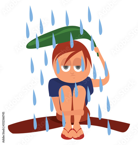 Girl on tropical rain , illustration, vector on white background