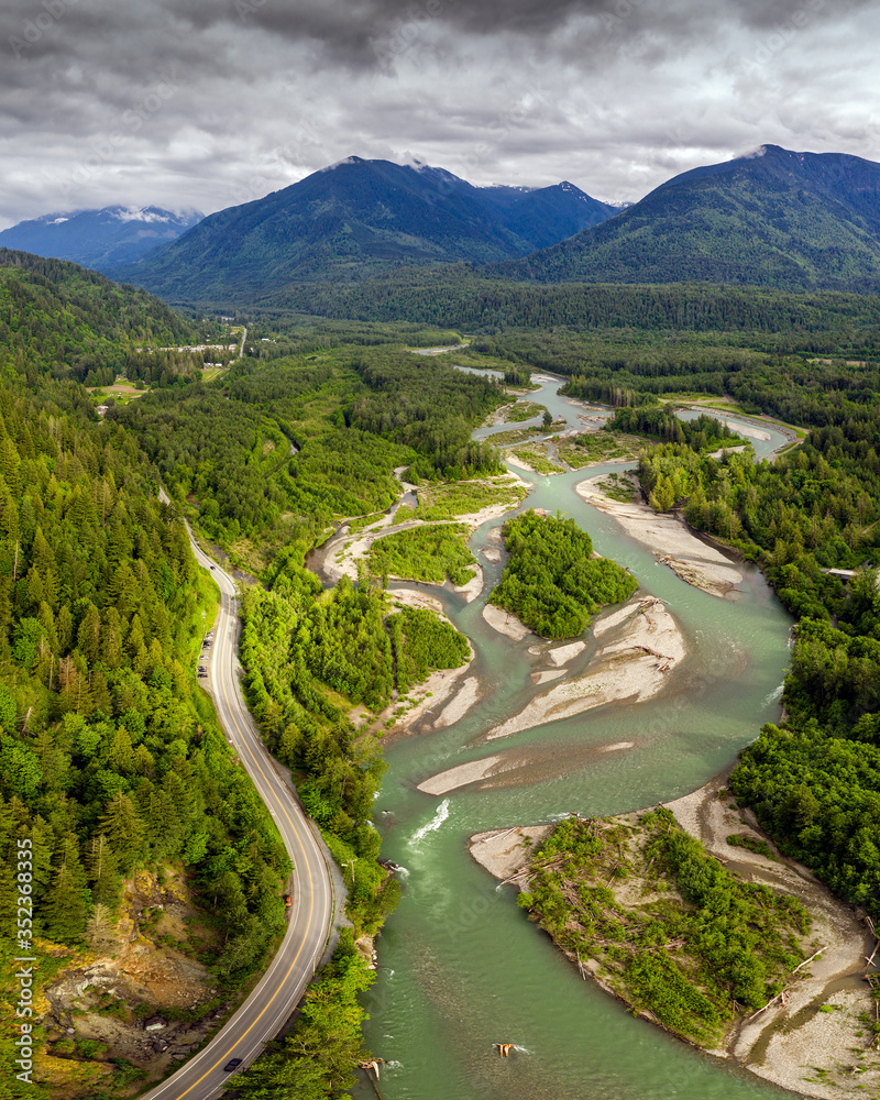 Aerial view of the Vedder Crossing in Chilliwack city, where the Vedder River changes its name to Chilliwack River, British Columbia, Canada