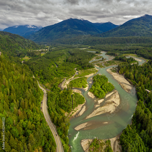 Aerial view of the Vedder Crossing in Chilliwack city, where the Vedder River changes its name to Chilliwack River, British Columbia, Canada