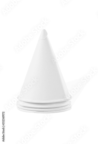 Disposable paper cone water cups isolated on white background.