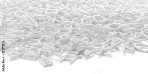 Heap of white monochrome alphabetic character letters over white background, literature, education, know-how or writing concept