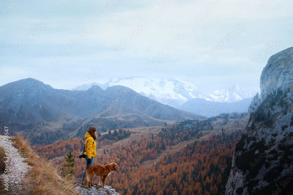 person with a dog in the mountains. travel, hiking with a pet. Nova Scotia retriever with a girl.