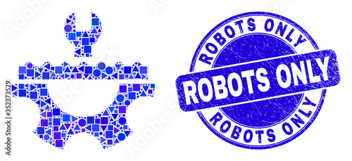 Geometric plumbery service mosaic icon and Robots Only stamp. Blue vector rounded scratched stamp with Robots Only message. Abstract mosaic of plumbery service done of round, tringle,
