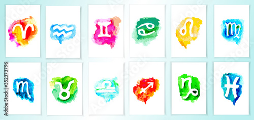 Set of signs of Zodiac icons. Watercolor style icons on white background. Symbols of zodiac horoscope. Vector illustration.