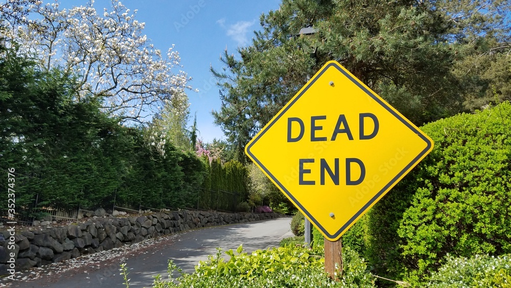 Closeup of Dead End sign in front of the private road to household