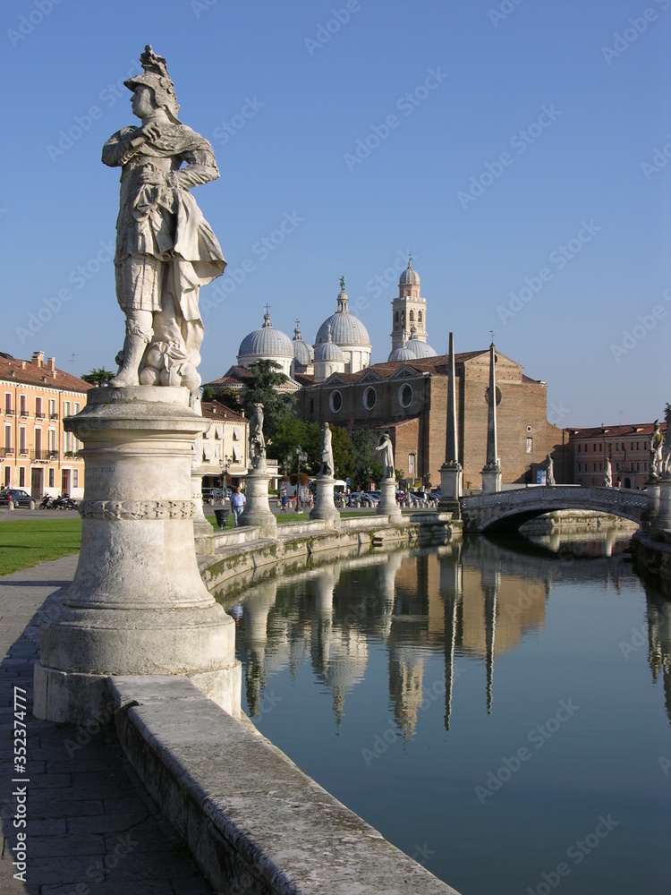 Padua, Italy, Prato della Valle with Statue, Canal, and Basilica of Santa Giustina