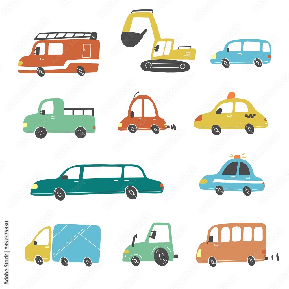 Set of cartoon cute kids and toy style cars and other transport, truck, taxi, fire truck, ship, excavator, bus, air balloon. Isolated vector illustration.