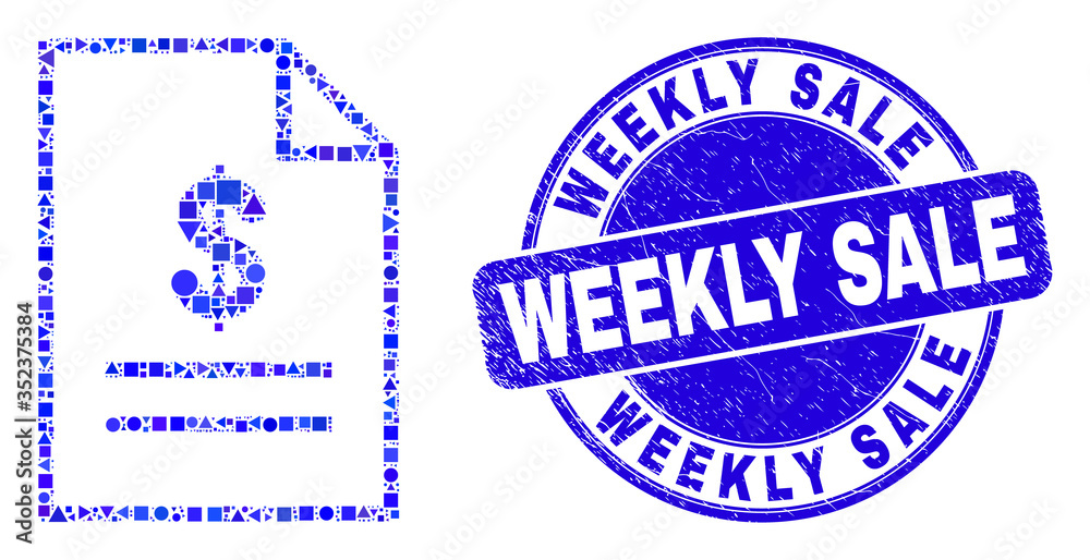 Obraz premium Geometric price list page mosaic pictogram and Weekly Sale seal stamp. Blue vector round textured seal stamp with Weekly Sale message. Abstract mosaic of price list page made of circle, tringle,