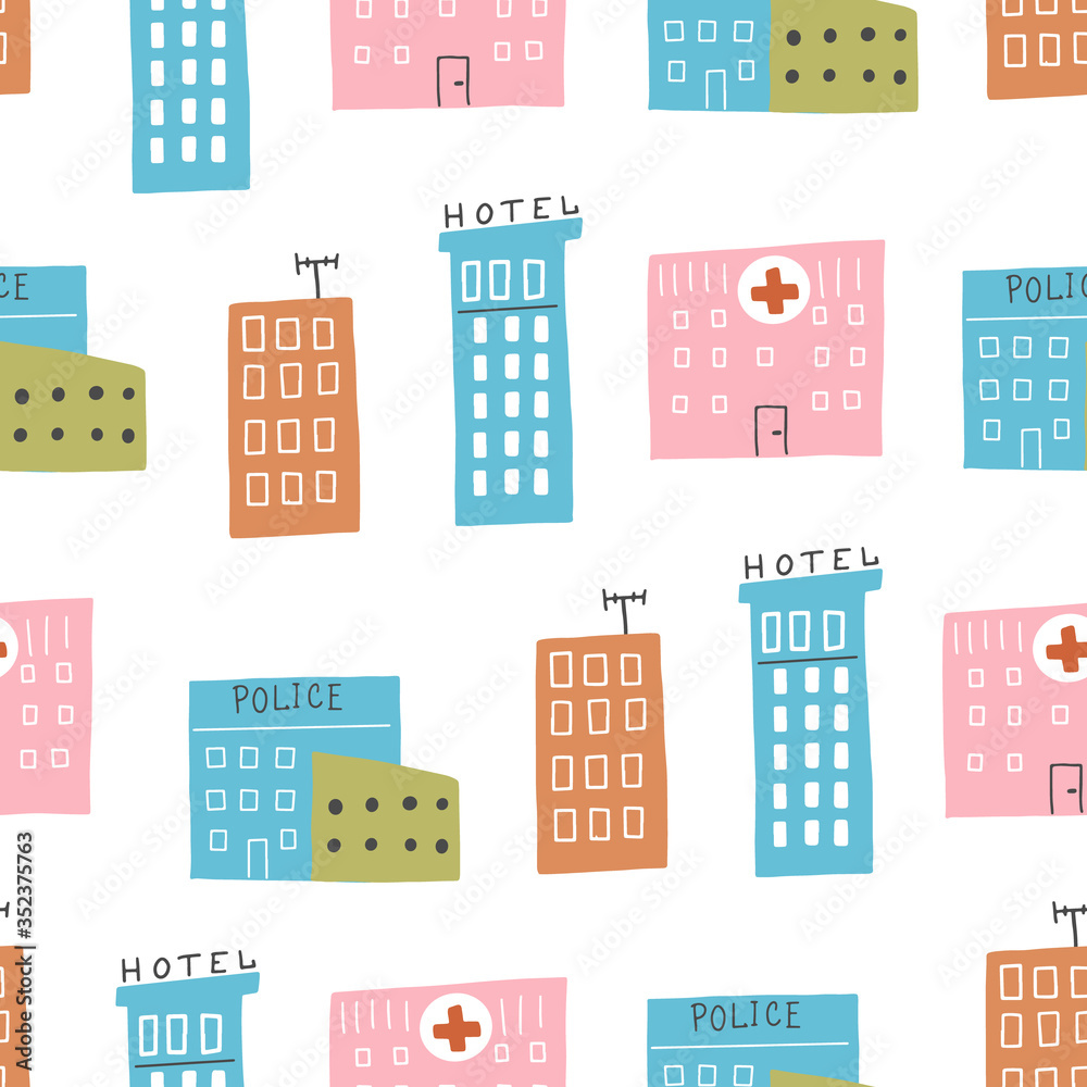 Seamless pattern of childish cartoon town, city with tree and building for fabric, wallpaper, background design. Cute baby, child vector illustration.