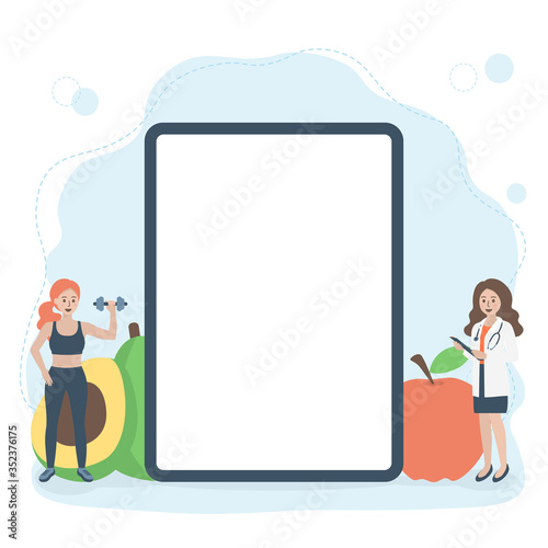 Blank screen tablet, nutritionist doctor with clipboard, people exercise with dumbbell. Fruit & vegetable in background. Healthcare, weight loss and nutrition concept. Vector illustration. Copy space.