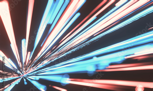3D Rendering of abstract fast moving stripe lines with glowing light flare. High speed motion blur. Concept of leading in business, Hi tech products, warp speed wormhole science.