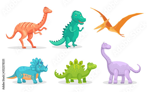 Fototapeta Naklejka Na Ścianę i Meble -  Cute dino flat icon set. Cartoon ancient pterodactyl, brontosaurus and triceratops isolated vector illustration collection. Monsters and prehistoric reptiles concept