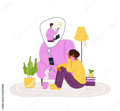 Psychological online services - personal distance support or assistance at home by internet. Upset girl crying, talking with psychologist by phone, individual therapy session or consultation vector