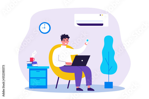 Young man sitting in home chair under air conditioner flat vector illustration. Cartoon guy relaxing at home with laptop computer. Summer and technology concept