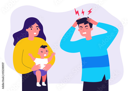 Young father tired of migraine because of crying baby. Mom holding child and dad touching head flat vector illustration. Depression and headache concept for banner, website design or landing web page