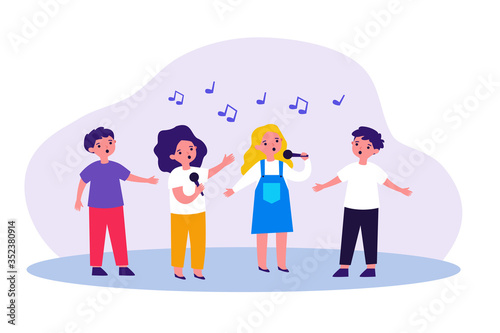 Group of children singing song with microphones. Kids attending music school, singing in church choir. Vector illustration for kids musical band, performance, talent show concept