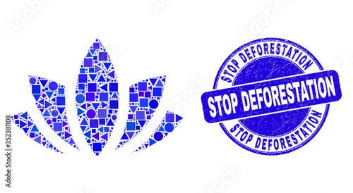 Geometric lotus mosaic pictogram and Stop Deforestation seal stamp. Blue vector rounded distress seal stamp with Stop Deforestation message. Abstract collage of lotus composed of circle, triangles,