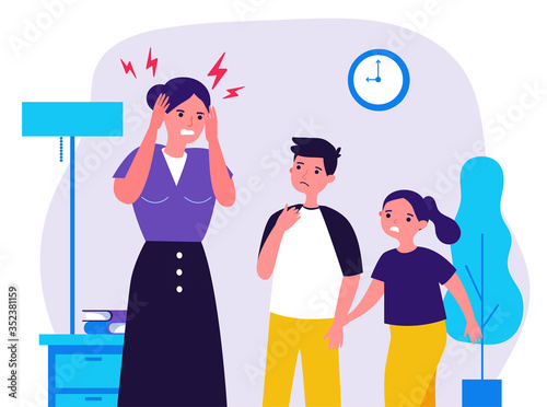 Young mother tired of migraine. Cartoon children worried about mom flat vector illustration. Depression and headache concept for banner, website design or landing web page