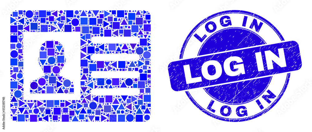 Geometric user card mosaic icon and Log In seal stamp. Blue vector round textured seal stamp with Log In message. Abstract mosaic of user card composed of round, tringle, square geometric items.