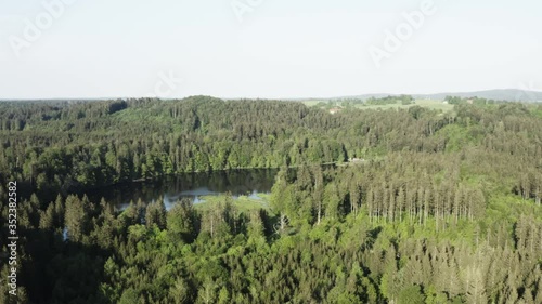 The calm Hackensee lake hidden by the beautiful green trees of Germany - aerial reveal photo