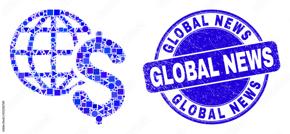 Obraz premium Geometric global business mosaic icon and Global News stamp. Blue vector rounded textured seal stamp with Global News caption. Abstract mosaic of global business organized of sphere, triangles,