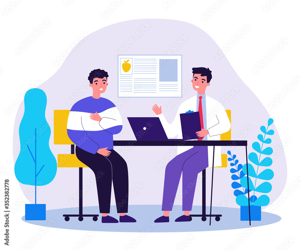 Young man suffering with heart disease. Cardiologist consulting patient in pain flat vector illustration. Healthcare and medicine concept for banner, website design or landing web page