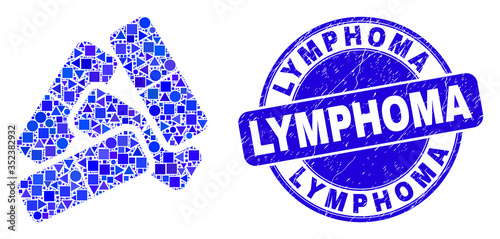 Geometric medical pills mosaic icon and Lymphoma seal stamp. Blue vector round scratched seal with Lymphoma caption. Abstract concept of medical pills designed of round, triangles,