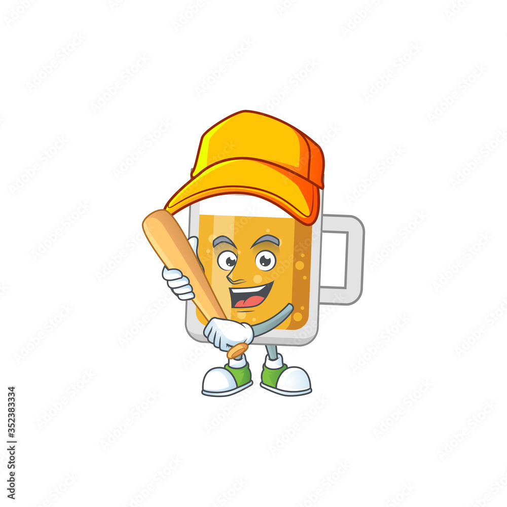 cartoon design concept of glass of beer playing baseball with stick cartoon design concept of glass of beer playing baseball with stick
